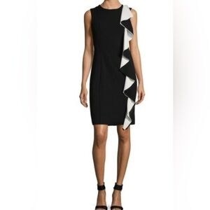Karl Lagerfeld Black Sheath Midi Dress Black & Off White Vertical Ruffle Size 8